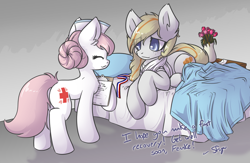 Size: 1024x669 | Tagged: safe, artist:sapphfyr, nurse redheart, oc, earth pony, pony, bed, hospital