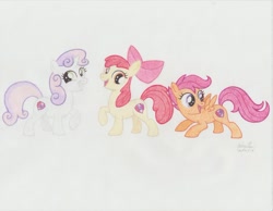 Size: 1024x793 | Tagged: safe, artist:soulsliver249, apple bloom, scootaloo, sweetie belle, cutie mark, cutie mark crusaders, open mouth, the cmc's cutie marks, traditional art