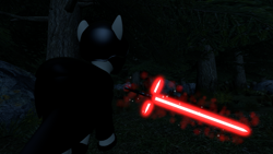 Size: 1280x720 | Tagged: safe, artist:kombatantchampion, crossguard lightsaber, dark, forest, kylo ren, lightsaber, night, ponified, solo, star wars, star wars: the force awakens, weapon