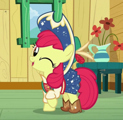 Size: 794x779 | Tagged: safe, screencap, apple bloom, earth pony, pony, on your marks, adorabloom, boots, clubhouse, cowboy, cowboy boots, cowboy hat, crusaders clubhouse, cute, female, filly, hat, looking at you, one eye closed, open mouth, raised hoof, shoes, smiling, solo, wink