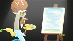 Size: 1280x720 | Tagged: safe, screencap, discord, what about discord?, beach, bob ross, discord's painting, discovery family logo, draconiross, exploitable meme, meme, painting