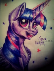 Size: 1200x1600 | Tagged: safe, artist:enjal, twilight sparkle, twilight sparkle (alicorn), alicorn, pony, female, mare, open mouth, smiling, solo, traditional art