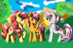 Size: 4950x3240 | Tagged: safe, artist:fairysearch, apple bloom, scootaloo, sweetie belle, backwards cutie mark, cutie mark, cutie mark crusaders, older, the cmc's cutie marks