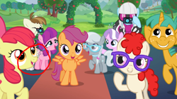 Size: 1920x1080 | Tagged: safe, edit, edited screencap, screencap, apple bloom, diamond tiara, featherweight, lily longsocks, photo finish, scootaloo, silver spoon, snails, sweetie belle, twist, earth pony, pegasus, pony, unicorn, the mane attraction, animation error, circled, colt, female, filly, foal, great moments in animation, magic, male, size difference, wat