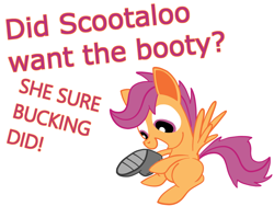 Size: 1024x768 | Tagged: safe, artist:fillerartist, scootaloo, boot, holding, pun, simple background, sitting, solo