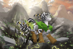 Size: 1920x1280 | Tagged: safe, artist:doomsp0rk, oc, oc only, zebra, action pose, clothes, magic, mountain, nightfall in equestria, solo, zebra oc