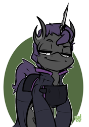 Size: 488x693 | Tagged: safe, artist:bbsartboutique, oc, oc only, changeling, armor, changeling oc, purple changeling, simple background, smug, smug bug, solo