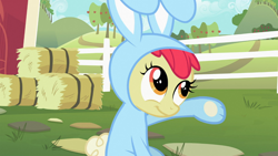 Size: 1366x768 | Tagged: safe, screencap, apple bloom, earth pony, pony, family appreciation day, adorabloom, bunny bloom, bunny costume, clothes, cute, female, filly, raised hoof, smiling, solo