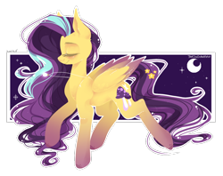 Size: 944x749 | Tagged: safe, artist:thatonedistantartist, oc, oc only, oc:arwen, pegasus, pony, colored wings, eyes closed, gradient hooves, gradient wings, moon, mushroom, solo, stars