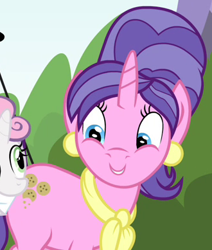 Size: 330x389 | Tagged: safe, screencap, cookie crumbles, sweetie belle, pony, unicorn, inspiration manifestation, cropped, ear piercing, earring, female, jewelry, mare, neckerchief, piercing, solo focus