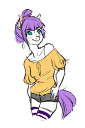 Size: 700x1049 | Tagged: safe, artist:lya, oc, oc only, oc:tetra, anthro, earth pony, anthro oc, clothes, female, illustration, kezsüel, mare, purple hair, roleplay, roleplay illustration, rp, shorts, socks, solo, stockings, striped socks