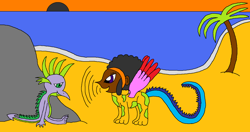 Size: 1024x541 | Tagged: safe, artist:killerbug2357, spike, dragon, 1000 hours in ms paint, beach, grin, ms paint, palm tree, rock, sand, smiling, tree, unknown species, wat, why, wtf