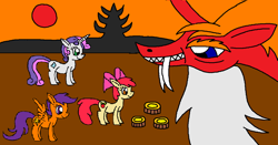 Size: 1024x537 | Tagged: safe, artist:killerbug2357, apple bloom, scootaloo, sweetie belle, 1000 hours in ms paint, cutie mark crusaders, food, mooncake, ms paint, wrong cutie mark