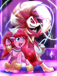Size: 1142x1500 | Tagged: safe, artist:vavacung, pacific glow, crossover, dancing, fangs, female, lycanroc, male, midnight lycanroc, pokémon
