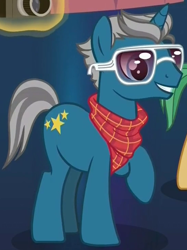 Size: 548x734 | Tagged: safe, screencap, pony, unicorn, canterlot boutique, background pony, cropped, fashion plate, glasses, male, neckerchief, raised hoof, shades mcgrey, solo, stallion