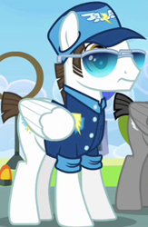 Size: 229x351 | Tagged: safe, screencap, fast clip, manerick, pegasus, pony, wonderbolts academy, background pony, clothes, cropped, hat, male, short tail, solo focus, stallion, sunglasses, uniform