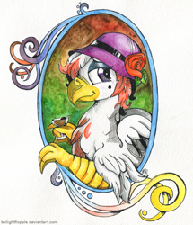 Size: 900x1047 | Tagged: safe, artist:foxxy-arts, oc, oc only, oc:foxxy hooves, classical hippogriff, hippogriff, art deco, cocktail, flapper, modern art, nouveau, solo, traditional art, watercolor painting