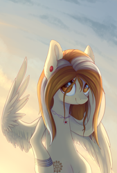 Size: 1917x2834 | Tagged: safe, artist:ghst-qn, oc, oc only, pegasus, pony, bracelet, ear piercing, female, flying, jewelry, looking at you, looking up, mare, necklace, piercing, sky, smiling, solo, spread wings, wings