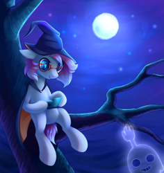 Size: 3571x3781 | Tagged: safe, artist:ghst-qn, oc, oc only, ghost, pony, 3ds, cape, clothes, female, full moon, gamer, glasses, grin, hat, hi-five ghost, looking at you, looking down, mare, moon, night, outdoors, regular show, sitting, sitting in a tree, smiling, solo, stars, tree, tree branch, witch