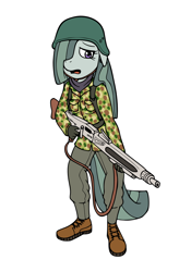 Size: 700x1000 | Tagged: safe, artist:regularmouseboy, marble pie, anthro, cartoon, clothes, german, gun, helmet, machine gun, mg 42, soldier, solo, uniform, weapon, world war ii