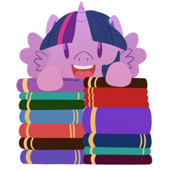 Size: 1024x1024 | Tagged: safe, artist:talim_stuff, twilight sparkle, twilight sparkle (alicorn), alicorn, pony, book, bookhorse, chibi, cute, female, mare, open mouth, smiling, solo, that pony sure does love books, twiabetes