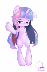 Size: 1600x2423 | Tagged: safe, artist:aitureria, twilight sparkle, pony, bipedal, cute, floppy ears, half-humanized, long hair, long mane, shy, simple background, solo, standing