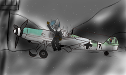 Size: 2000x1200 | Tagged: safe, artist:eclipsepenumbra, oc, oc only, oc:eclipse penumbra, anthro, bat pony, unguligrade anthro, airfield, bf 109, bf109, female, fighter, happy, luftwaffe, plane, snow, snowfall, waving