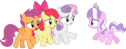 Size: 5516x2164 | Tagged: safe, artist:sketchmcreations, apple bloom, diamond tiara, scootaloo, sweetie belle, crusaders of the lost mark, absurd resolution, cutie mark crusaders, open mouth, running, simple background, transparent background, vector