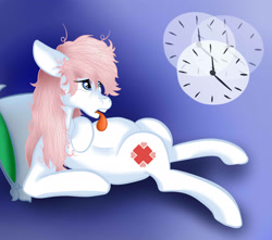 Size: 2600x2300 | Tagged: safe, artist:limeovertime, nurse redheart, clock, on back, pregnant, solo, tongue out