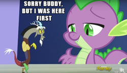 Size: 610x351 | Tagged: safe, screencap, discord, spike, dragon, what about discord?, burn, discovery family logo, image macro, meme, shrunk