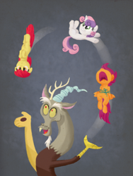 Size: 900x1200 | Tagged: safe, artist:sketchyjackie, apple bloom, discord, scootaloo, sweetie belle, bondage, cutie mark crusaders, floppy ears, juggling, nose in the air, pony juggle, screaming, string