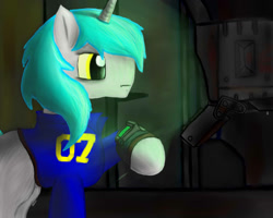 Size: 1280x1024 | Tagged: safe, pony, unicorn, fallout equestria, pipbuck, solo, terminal, vault suit