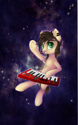 Size: 900x1440 | Tagged: safe, artist:ghst-qn, oc, oc only, earth pony, pony, ear piercing, floating, grin, keyboard, looking at you, piercing, raised hoof, smiling, solo, space, stars, underhoof, waving