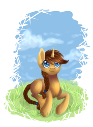 Size: 2692x3685 | Tagged: safe, artist:ghst-qn, oc, oc only, oc:virginia, pony, unicorn, :3, cloud, female, grass, looking up, mare, prone, sky, smiling, solo