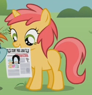 Size: 181x186 | Tagged: safe, screencap, firelock, snips, unicorn, ponyville confidential, background pony, cropped, female, filly, firedorable, mouth hold, newspaper, solo focus