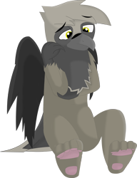 Size: 1674x2178 | Tagged: safe, artist:flicktransition, oc, oc only, oc:avery j harp, bird, griffon, beak, paws, sad, simple background, sitting, solo, talons, transparent background