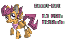 Size: 1000x600 | Tagged: safe, artist:fillerartist, scootaloo, robot, plot, scootabot, simple background, smug, solo, text, widescreen