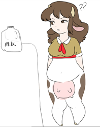 Size: 470x595 | Tagged: safe, artist:parish-of-spacedust, oc, oc only, oc:petunia, cow, minotaur, satyr, belly button, food, milk, offspring, parent:daisy jo, udder