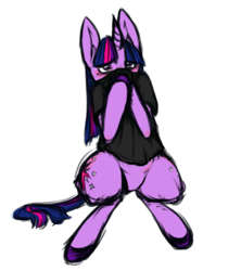 Size: 421x474 | Tagged: safe, artist:ferrettea, twilight sparkle, blushing, clothes, sitting, sniffing, solo, t-shirt