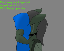 Size: 1280x1024 | Tagged: safe, artist:askhypnoswirl, oc, oc only, oc:maraco arco, collar, crying, hug, pillow, solo, text