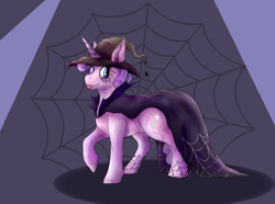 Size: 3358x2500 | Tagged: safe, artist:artoffel-kartoffel, oc, oc only, oc:quartz horn, crystal pony, pony, spider, unicorn, cape, clothes, female, filly, hat, nightmare night, solo, spider web, witch, witch hat