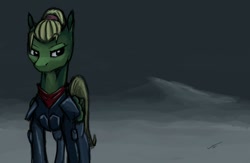 Size: 1280x836 | Tagged: safe, artist:quadrog, oc, oc only, oc:emerald green, pegasus, pony, fallout equestria, fallout equestria: the fossil, clothes, lidded eyes, solo