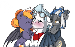 Size: 6442x4057 | Tagged: safe, artist:xcolorblisssketchx, oc, oc only, oc:candy corn, oc:ice breaker, oc:midnight rush, bat pony, pony, unicorn, absurd resolution, blushing, clothes, costume, ear bite