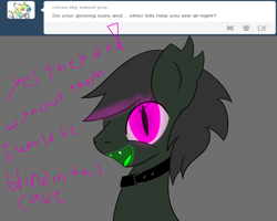 Size: 1280x1024 | Tagged: safe, artist:askhypnoswirl, oc, oc only, oc:maraco arco, bat pony, pony, ask, collar, glow, glowing eyes, glowing tongue, tumblr