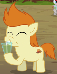 Size: 614x796 | Tagged: safe, screencap, gallop j. fry, earth pony, pony, twilight time, background pony, colt, cup, drink, drinking, eyes closed, male