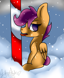 Size: 753x908 | Tagged: safe, artist:hyperponylover, scootaloo, hearth's warming eve (episode), candy, candy cane, food, hearth's warming eve, nose wrinkle, snow, snowfall, solo, stuck, tongue out, tongue stuck to pole