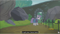 Size: 1278x726 | Tagged: safe, screencap, maud pie, the gift of the maud pie, bouldcam, canon, caption, close enough, discovery family logo, meme, pouch, rock pouch, subtitles, youtube caption