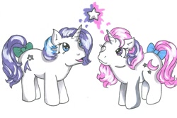 Size: 669x445 | Tagged: safe, artist:skypinpony, baby glory, baby moondancer, pony, g1, baby pony, bow, female, glorydancer, lesbian, shipping, stars, tail bow, wink