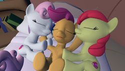 Size: 1920x1080 | Tagged: safe, artist:viranimation, apple bloom, scootaloo, sweetie belle, 3d, bed, cuddling, cute, cutie mark, cutie mark crusaders, sleeping, snuggling, the cmc's cutie marks