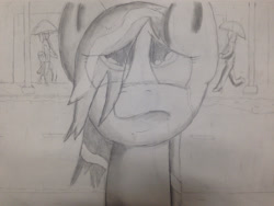 Size: 1280x960 | Tagged: safe, artist:mranthony2, crying, front view, frown, human related, looking up, monochrome, rain, sad, shading, traditional art, wet mane